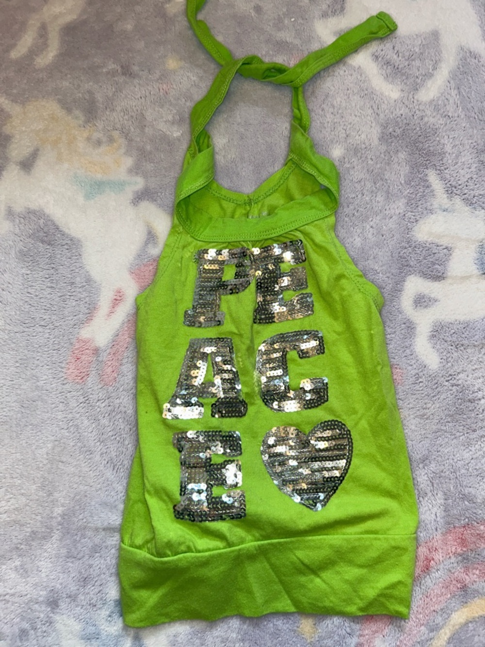 One Step Ahead Lime Green Sequin 'PEACE' Halter Tank Top